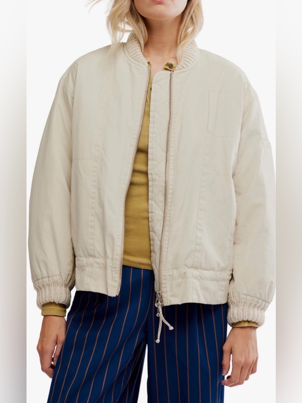 Free People Cream Bomber Jacket - Women's Zip Front